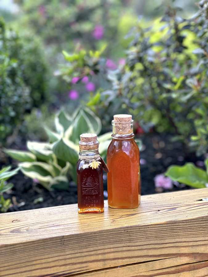 Two Muth bottles of raw honey on a garden rail